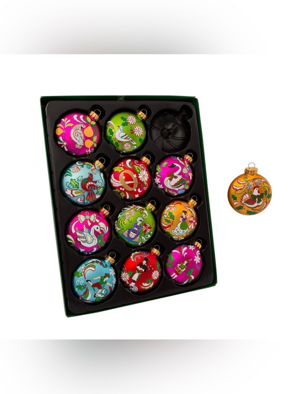 Kurt Adler 65MM Glass 12 Days Of Christmas Glass Ball Ornaments, 12-Piece Box